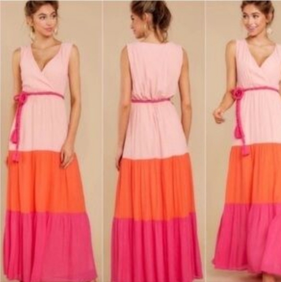 Flying Tomato Deep V Neck Flowy Silky Pastel Peach, Deep Coral, Hot Pink Maxi - Picture 6 of 6
